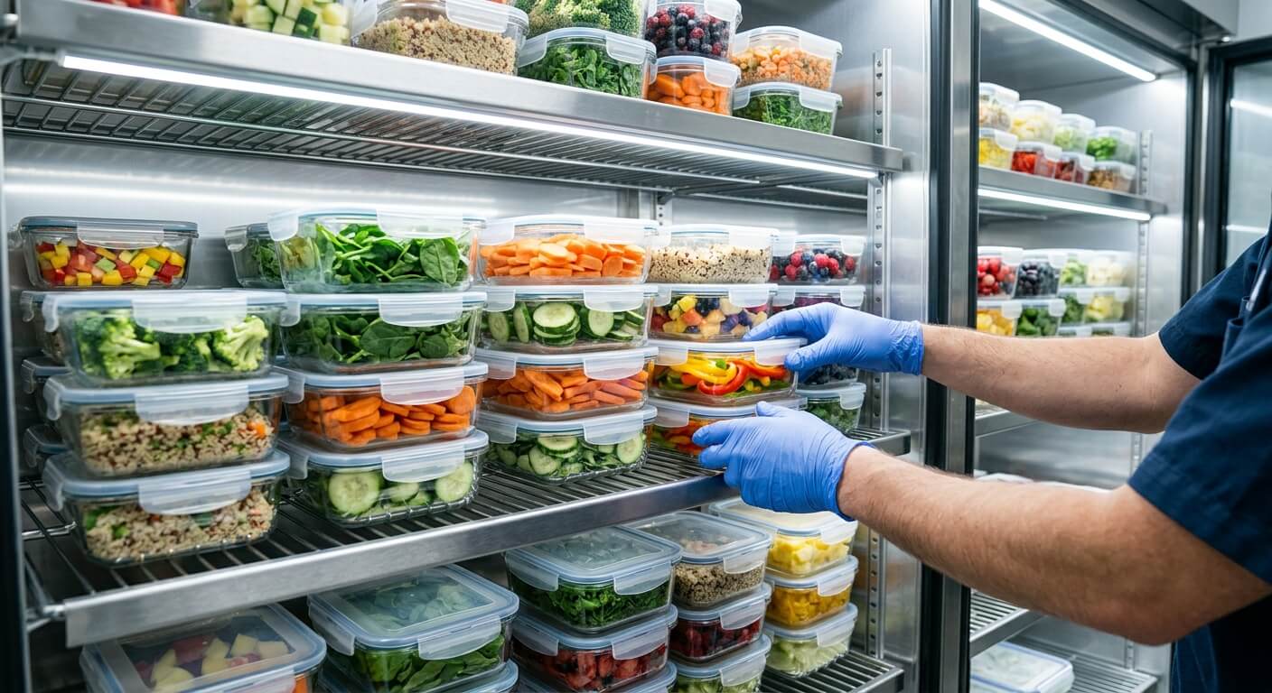 手袋を着けた人物が食材を整理中