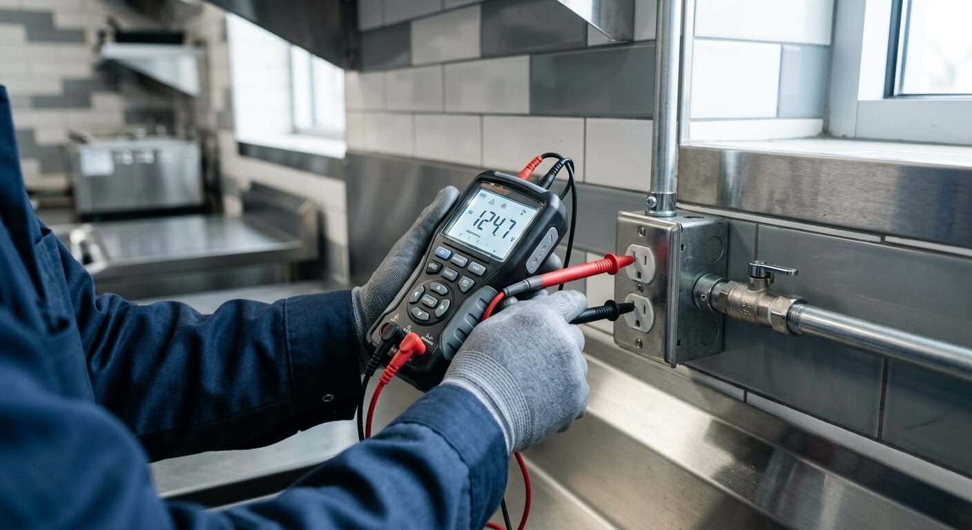 厨房での機器点検を行う作業員